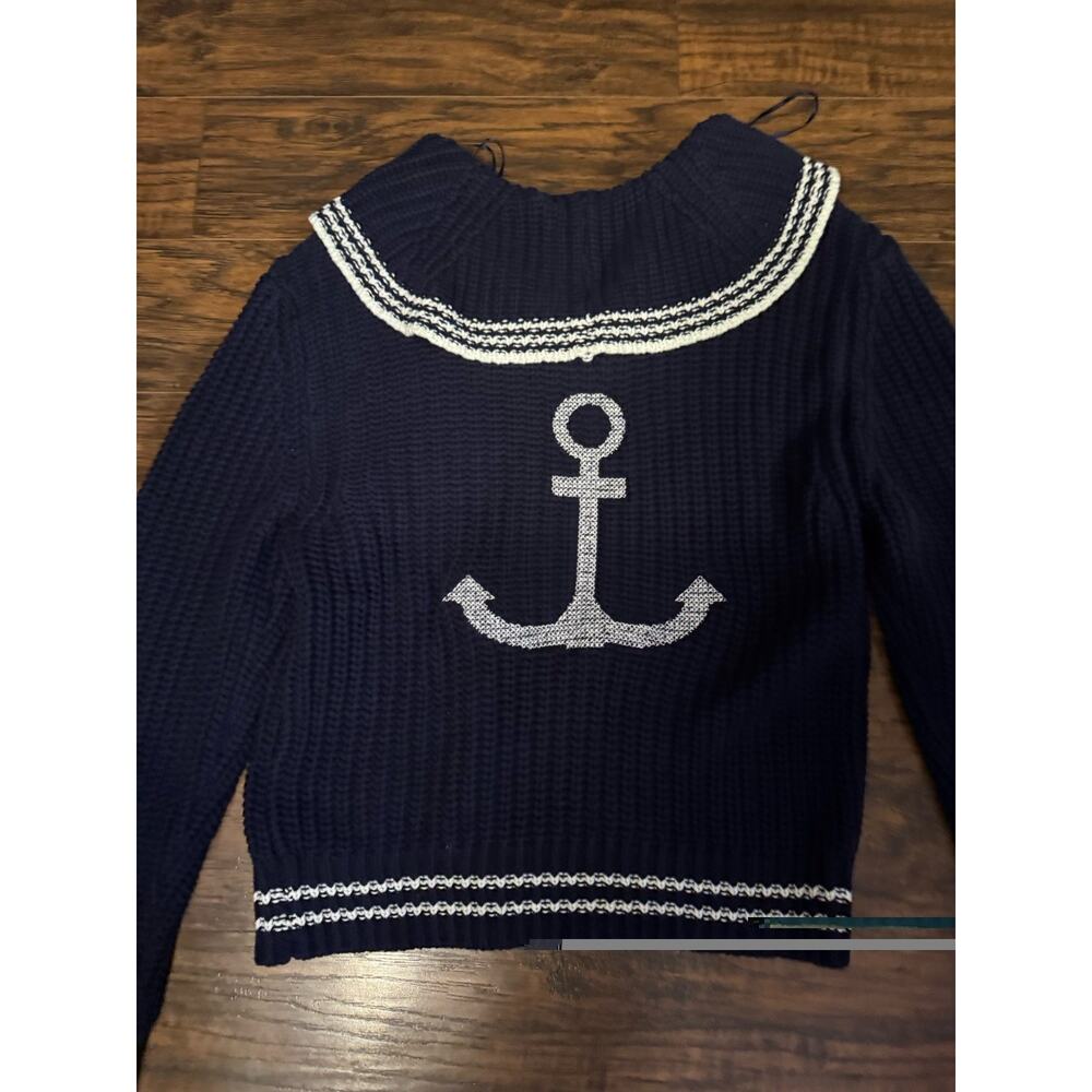 Marled Sailor Collar Knit Sweater Navy Blue Women's Sz M Chunky Pullover - Picture 10 of 10